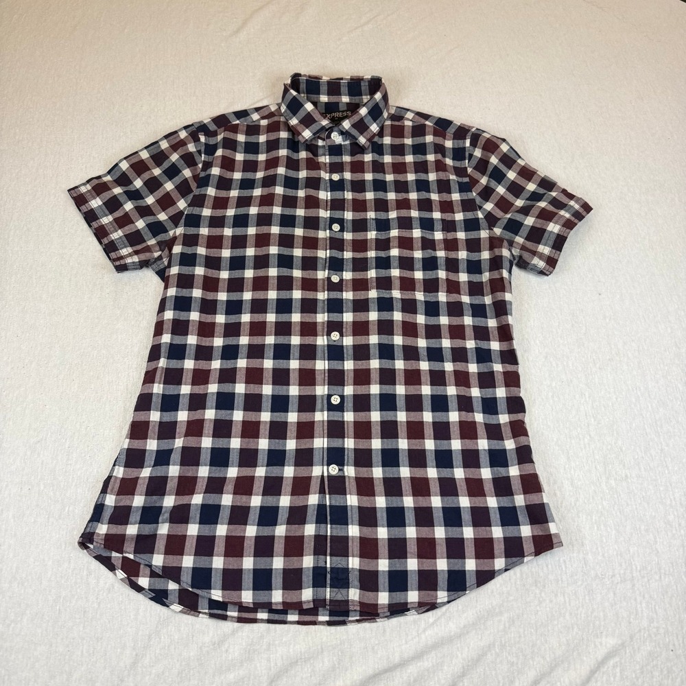Express Mens Plaid Short Sleeve Button Down‎ Shirt Burgundy Navy White Size M